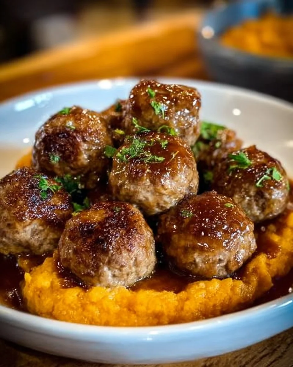 Enjoy Irresistible Pork Meatballs with Sweet Potato Mash & Bourbon-Maple Sauce