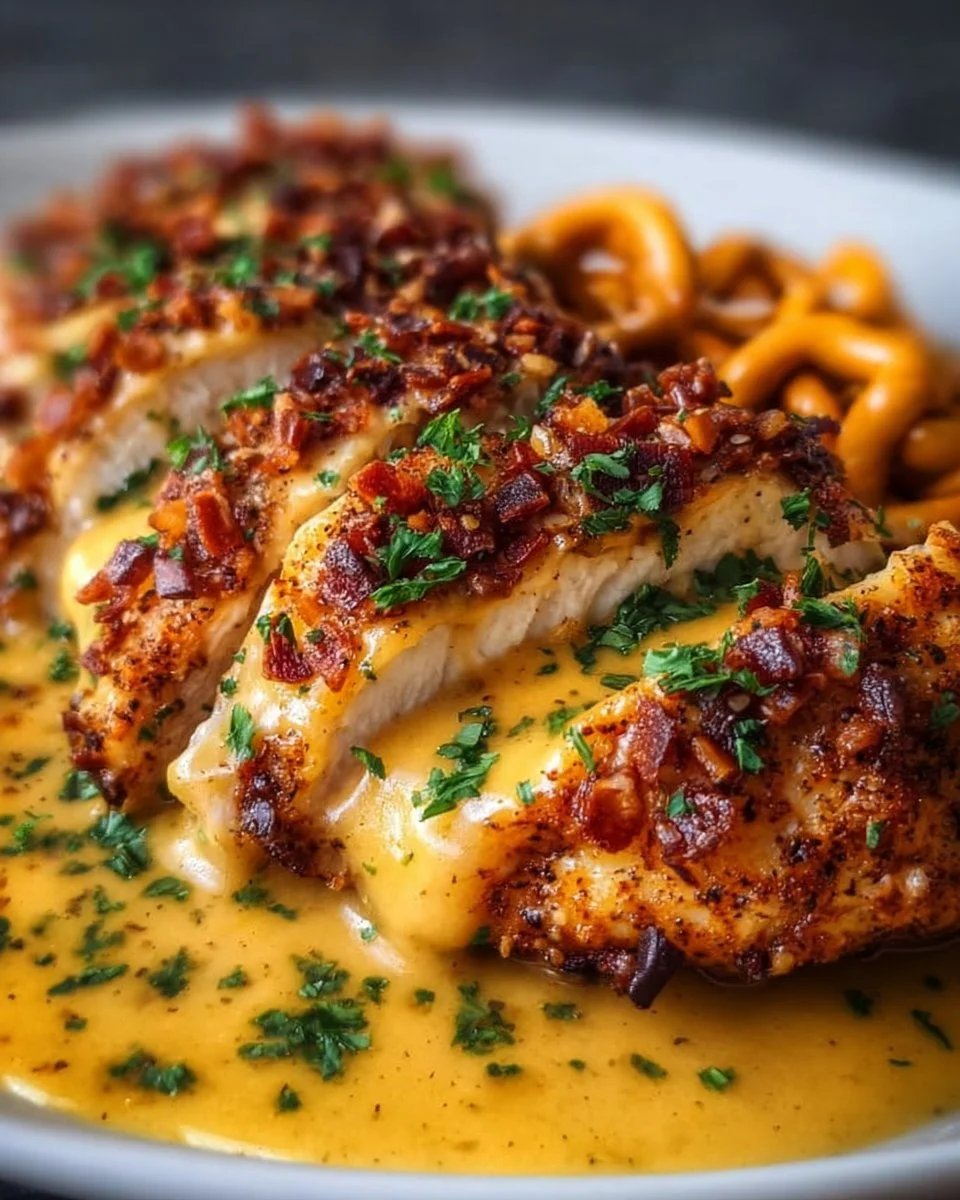 Pretzel Chicken with Mustard-Cheddar Sauce
