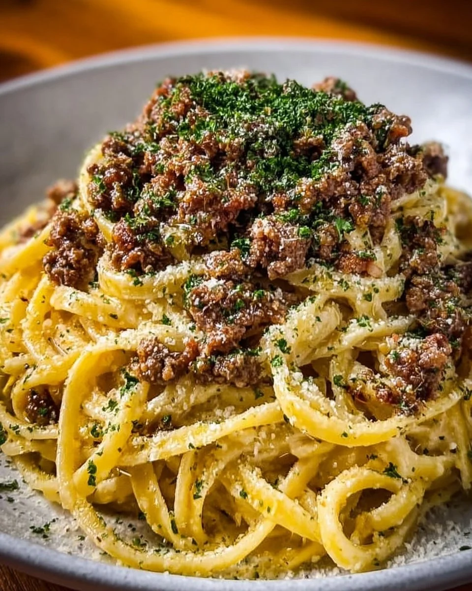Creamy Parmesan Beef Linguine with Garlic Butter Sauce