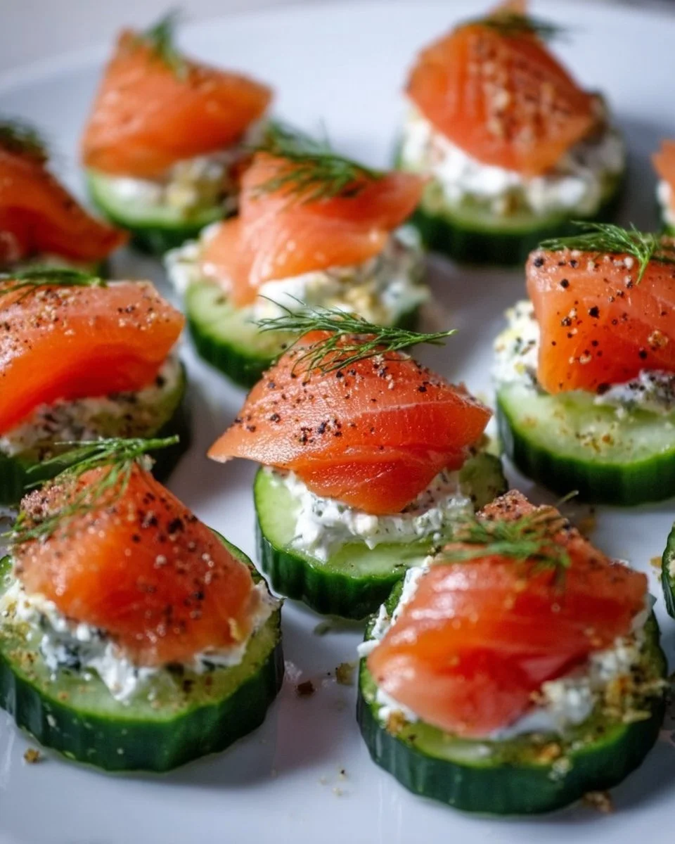 Refreshing cucumber bites with smoked salmon and dill cream cheese topping