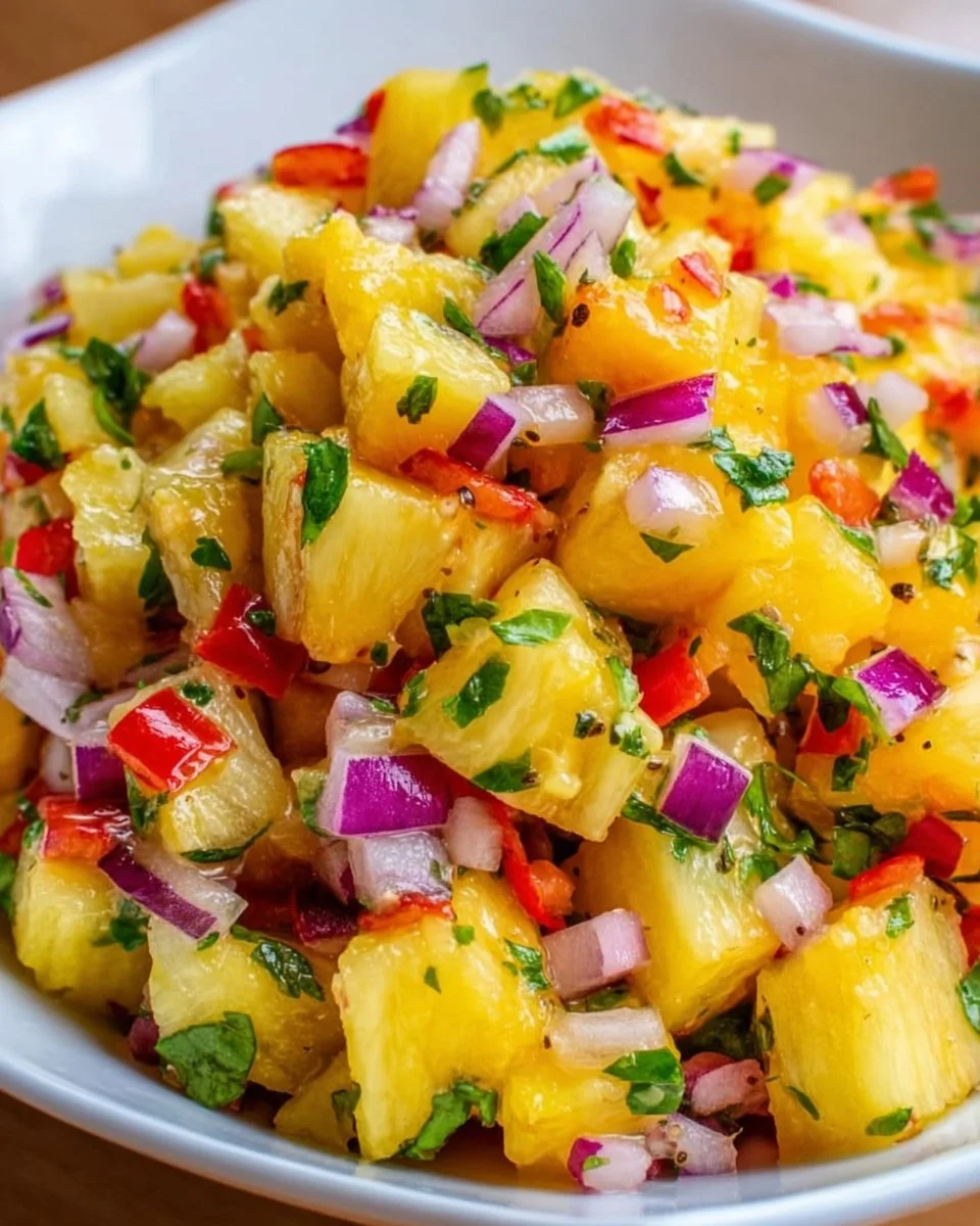Bowl of fresh pineapple mango salsa with diced fruit and herbs