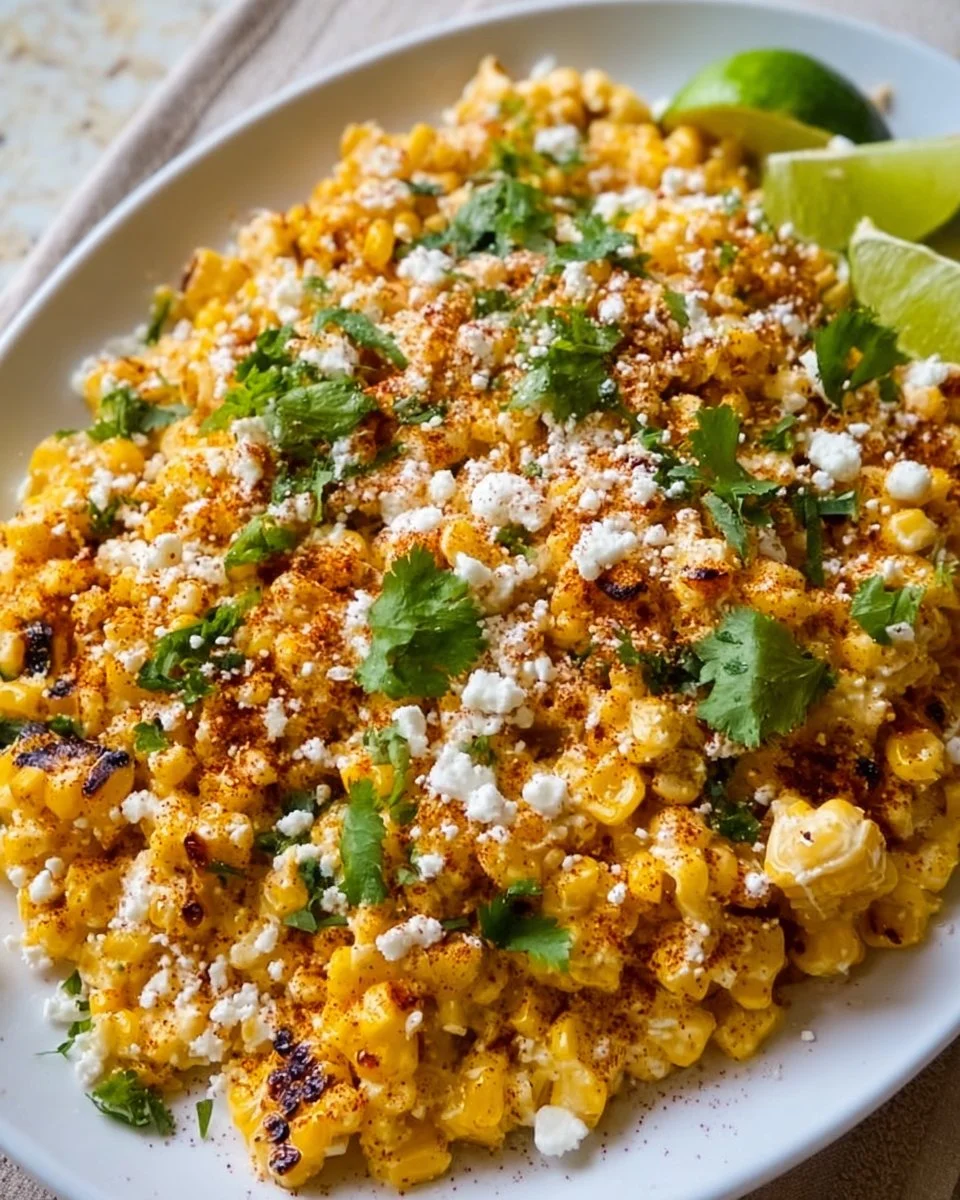 Bowl of creamy Mexican street corn dip garnished with cilantro and lime