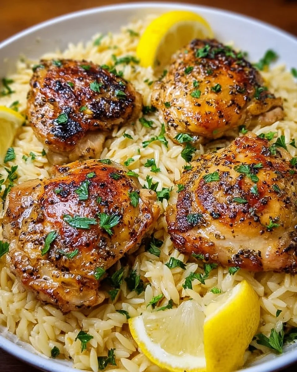 One Pan Lemon Garlic Chicken Thighs with Orzo