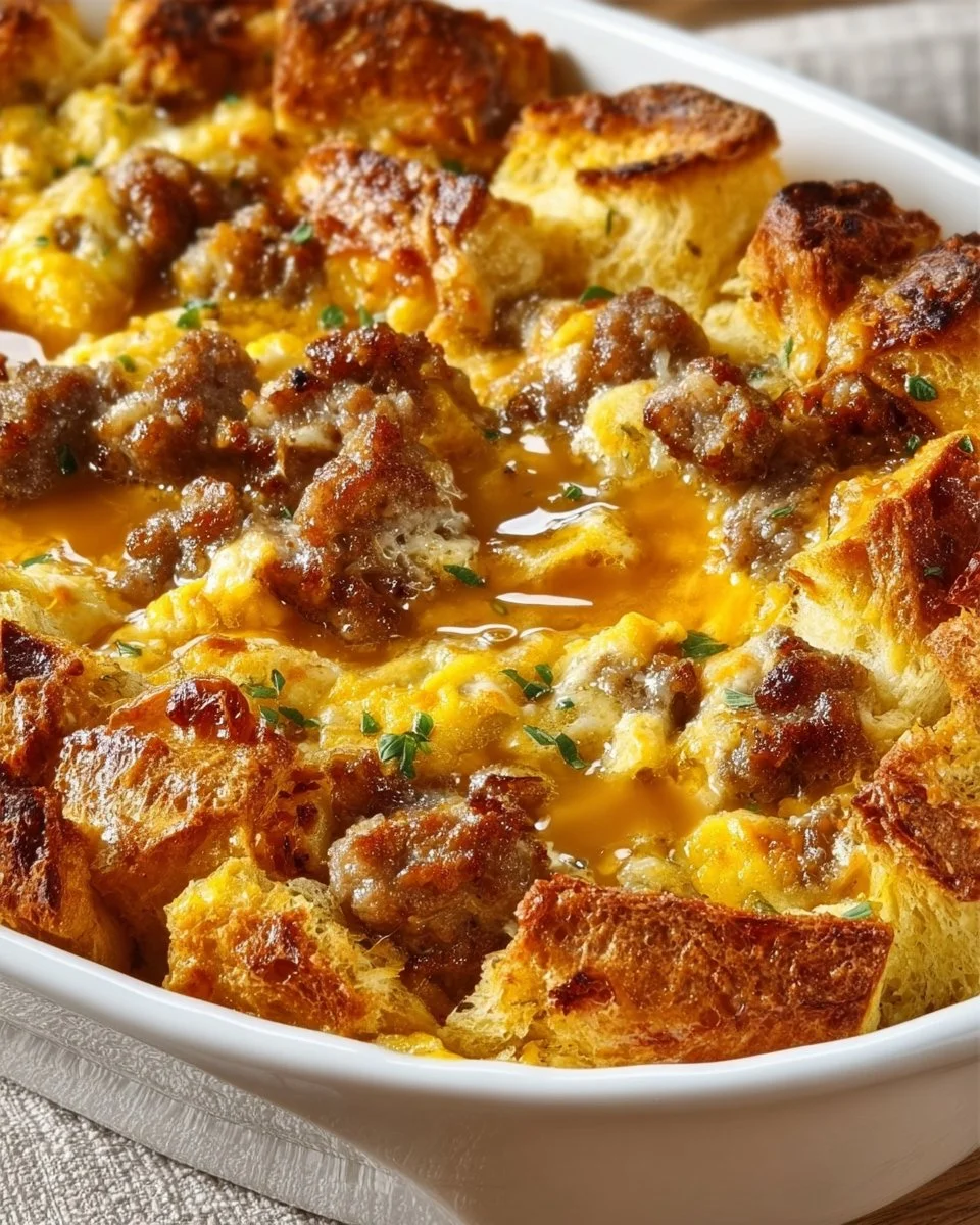 Overnight Croissant Breakfast Casserole Bake with Gravy