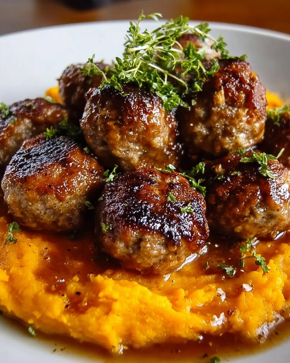 Pork Meatballs with Sweet Potato Mash &amp; Bourbon-Maple Sauce