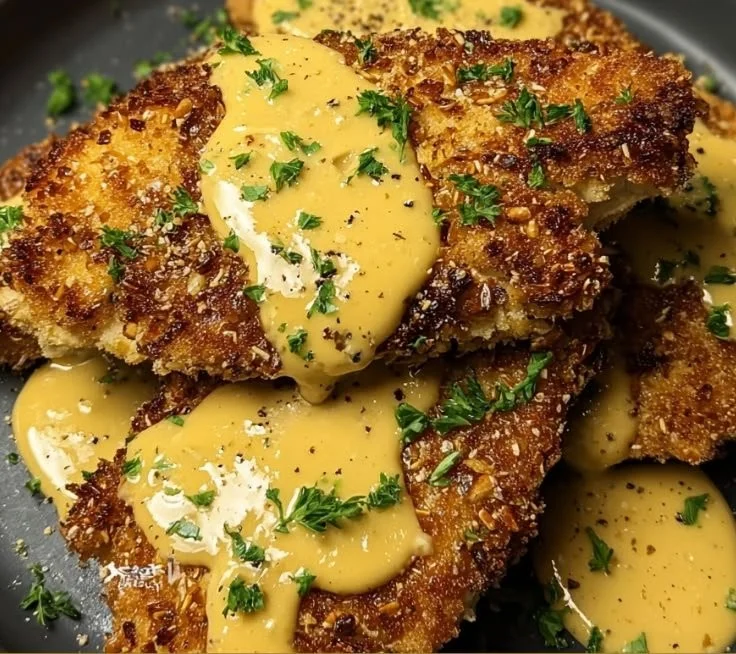 Pretzel-Crusted Chicken with Creamy Mustard Cheddar Sauce
