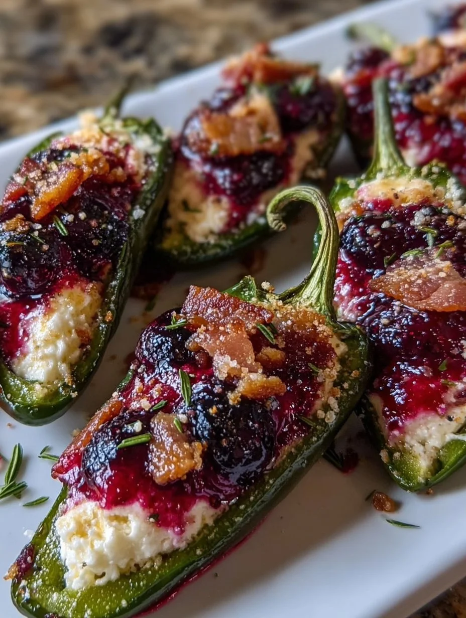 Berry and Brie stuffed jalapeño candy poppers on a platter