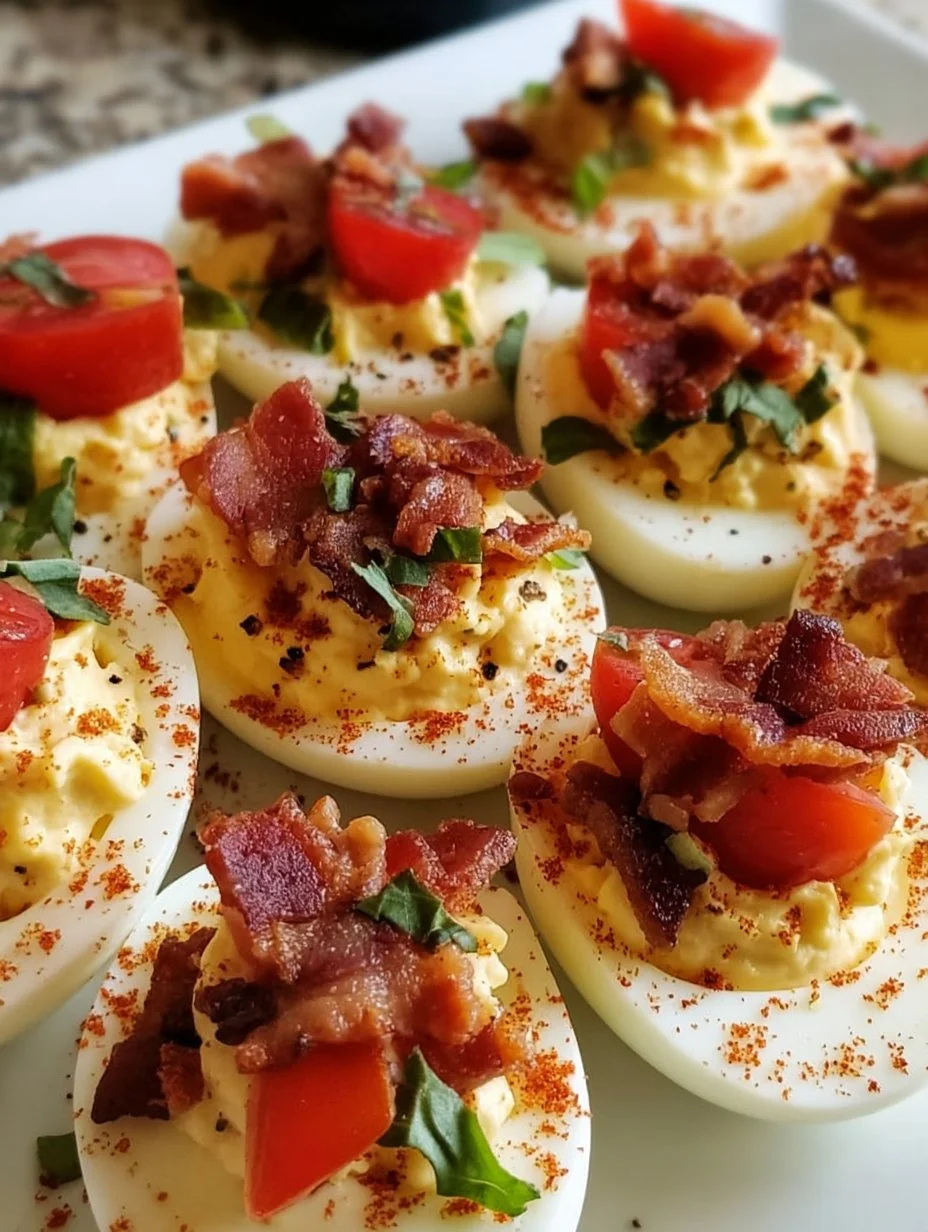 BLT Deviled Eggs topped with bacon, lettuce, and tomato flavors