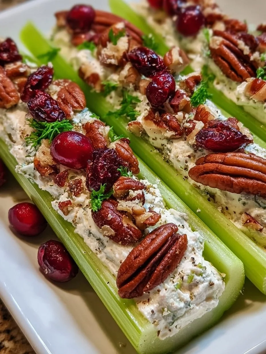 Cranberry Pecan Cream Cheese Stuffed Celery on a plate, garnished and ready to serve.