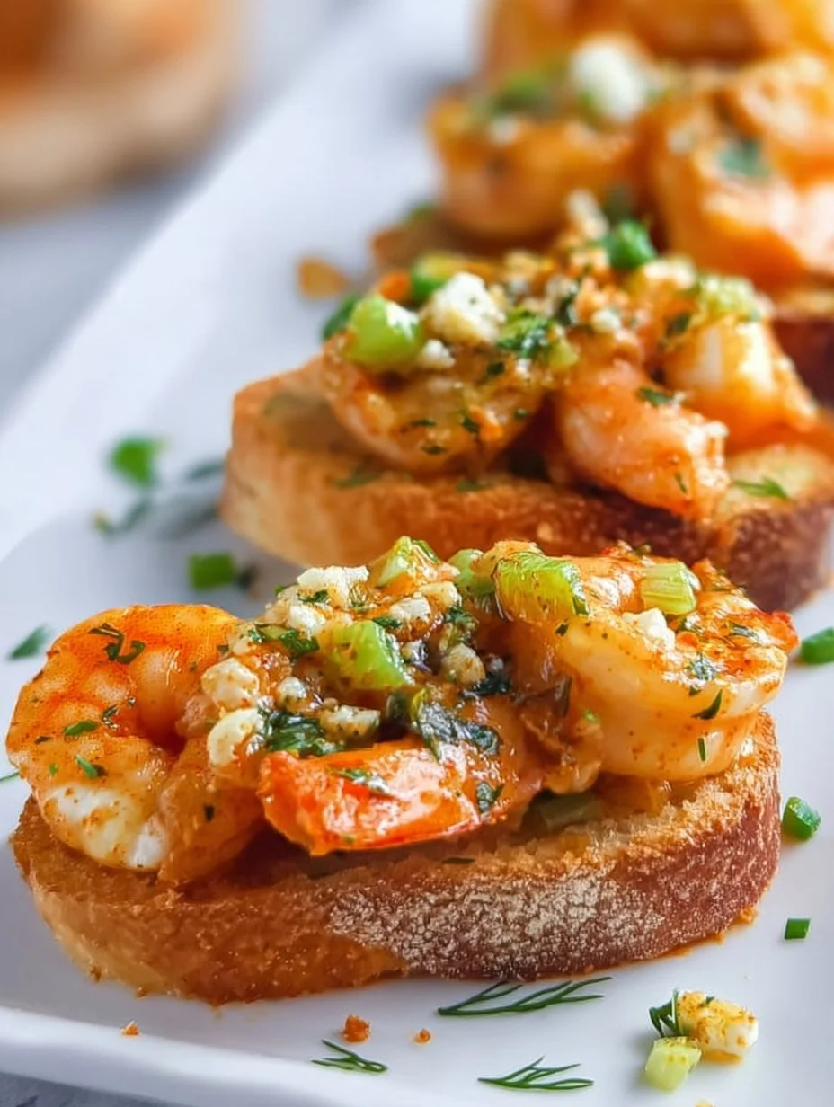 Delicious easy baked shrimp crostini appetizer served on a platter.
