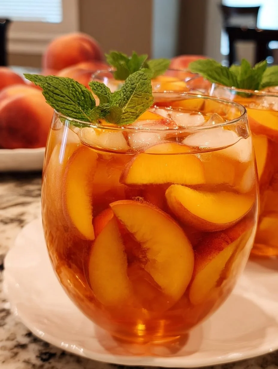 Glass of Southern Peach Tea with fresh peach slices and mint leaves