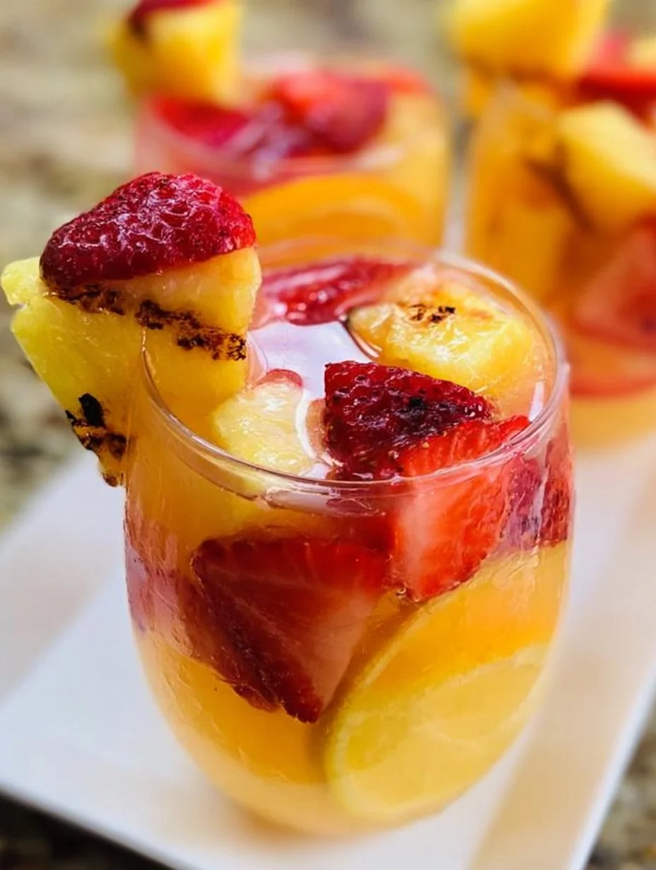 Refreshing Pineapple Strawberry Sangria served in a glass with fruits
